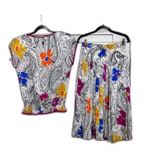 Vintage White Multicolor Floral Print Top and Skirt Coord Set - Size 8
